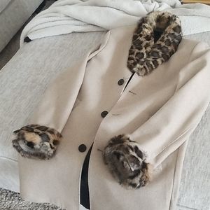 H&M brown long coat with rabbit fur collar & cuffs